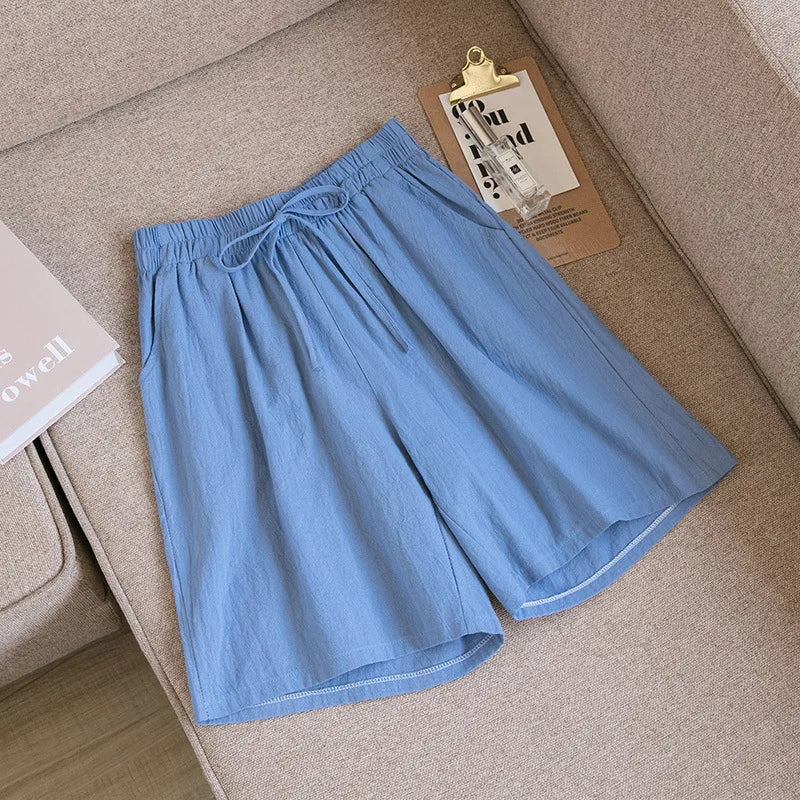 Short en Coton Ample à Taille Élastique avec Cordon