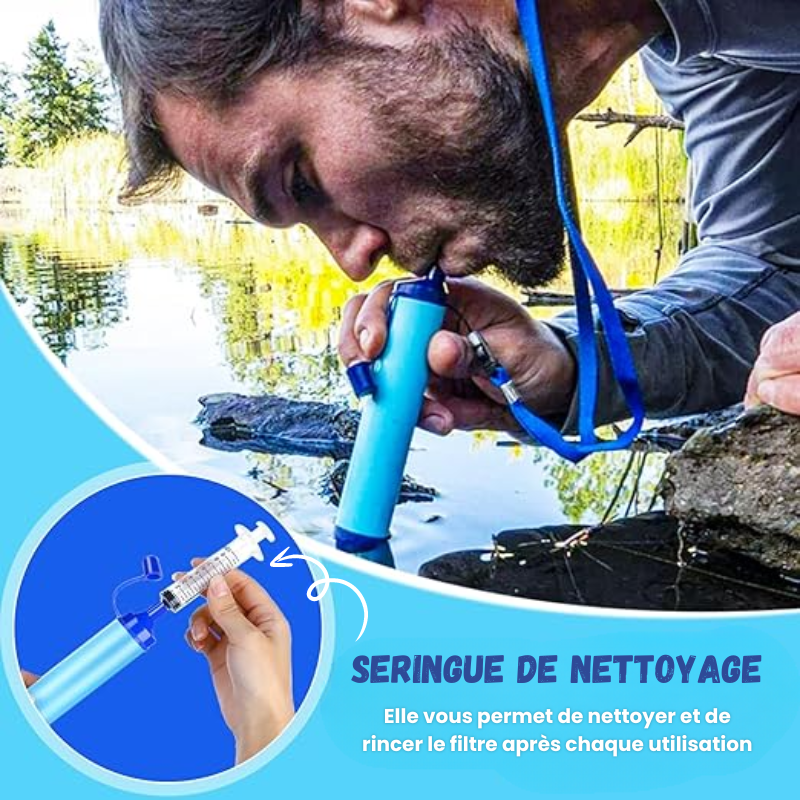 Paille filtrante de survie - Filtre à eau portable + Gourde pliante & E-Book OFFERTS