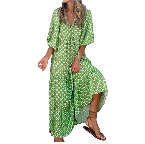 Robe longue élégante à manches bouffantes - Motifs