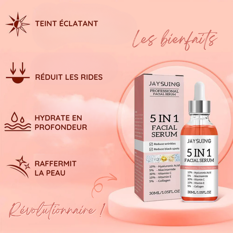 Sérum Visage 5 en 1 : Hyaluronique, Niacinamide, Vitamine C et E & Collagène