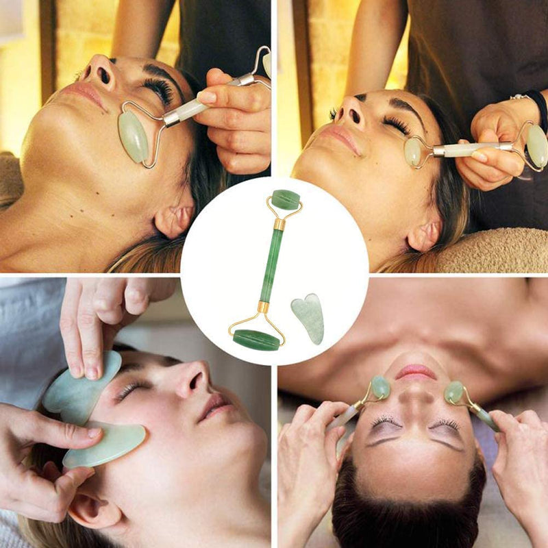 Coffret complet de massage : Rouleau pierre de jade et pierre gua sha