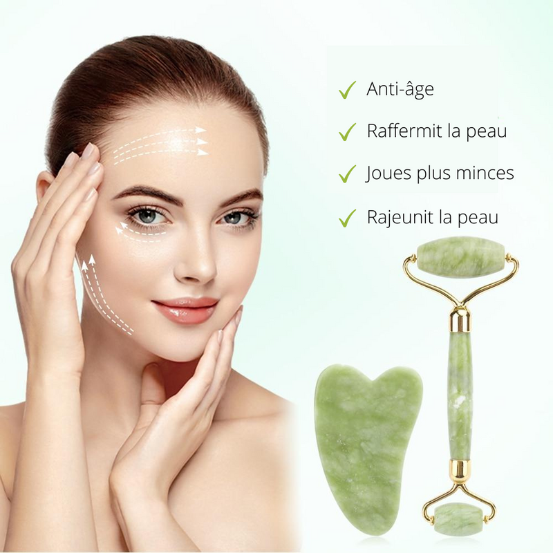 Coffret complet de massage : Rouleau pierre de jade et pierre gua sha