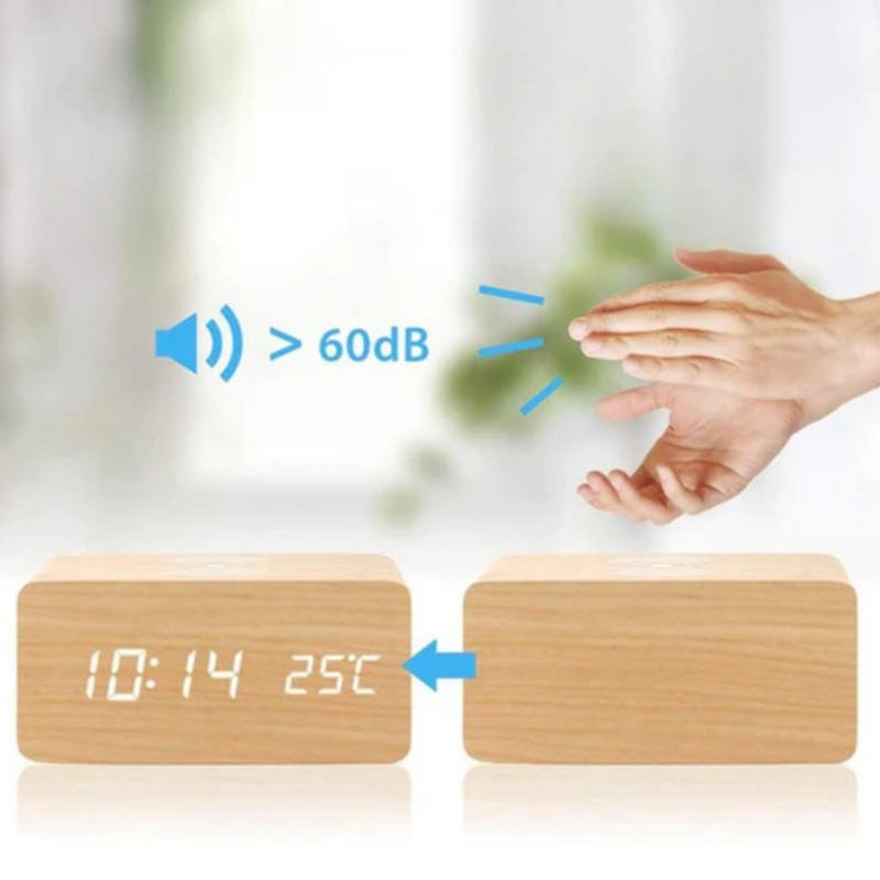 Réveil numérique en bois avec chargeur induction