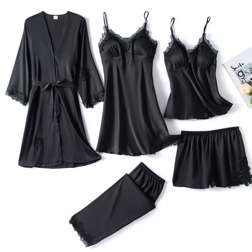 Pyjama - Ensemble 5 Pièces en satin et dentelle noir