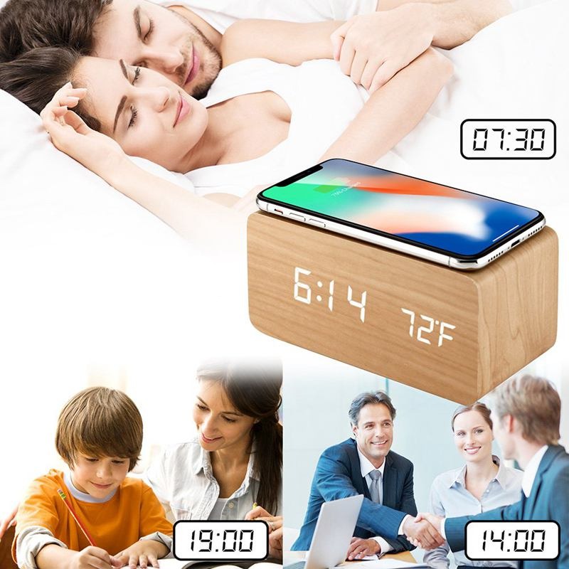 Réveil numérique en bois avec chargeur induction