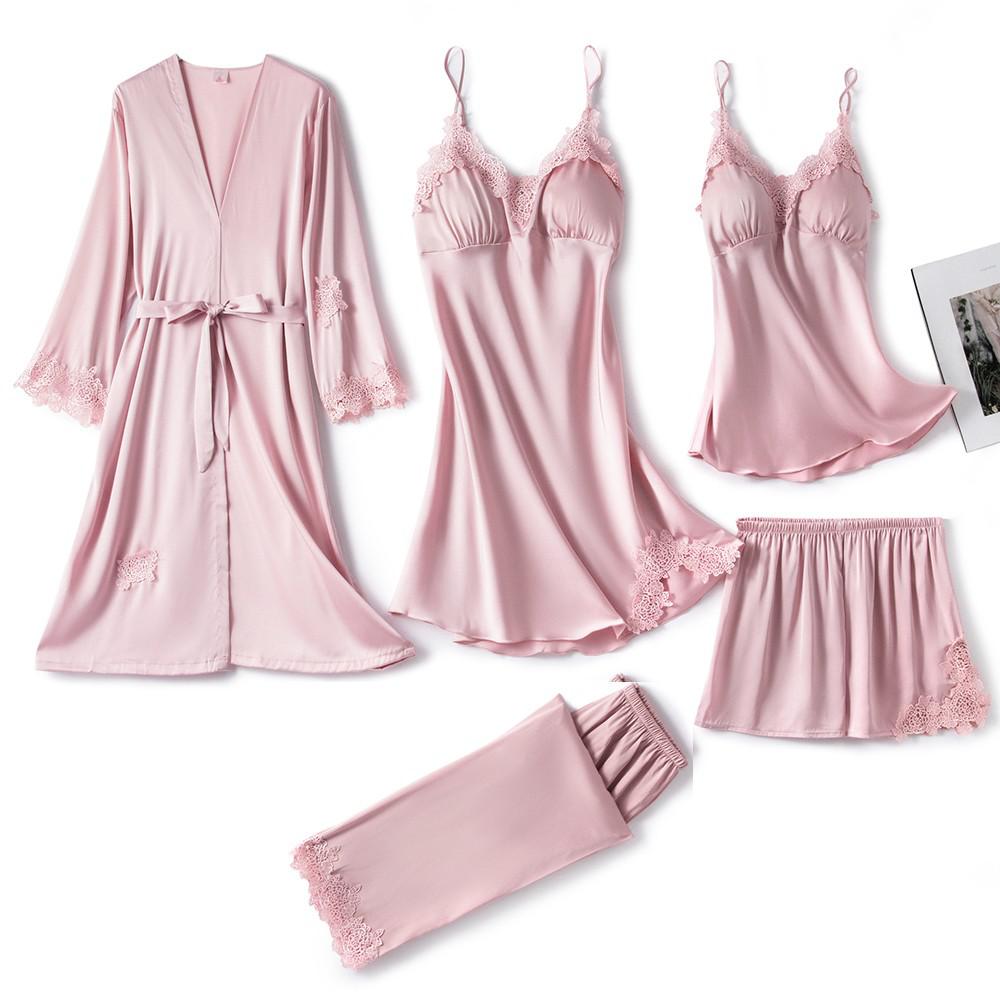 Pyjama - Ensemble 5 Pièces en satin et dentelle rose