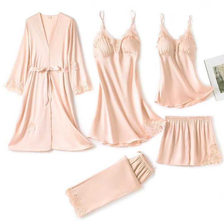 Pyjama - Ensemble 5 Pièces en satin et dentelle champagne