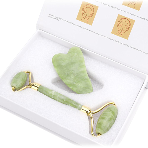 Coffret complet de massage : Rouleau pierre de jade et pierre gua sha