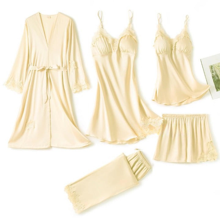 Pyjama - Ensemble 5 Pièces en satin et dentelle ivoire